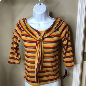 Poof! Yellow Striped Tie-Front Long Sleeve Top